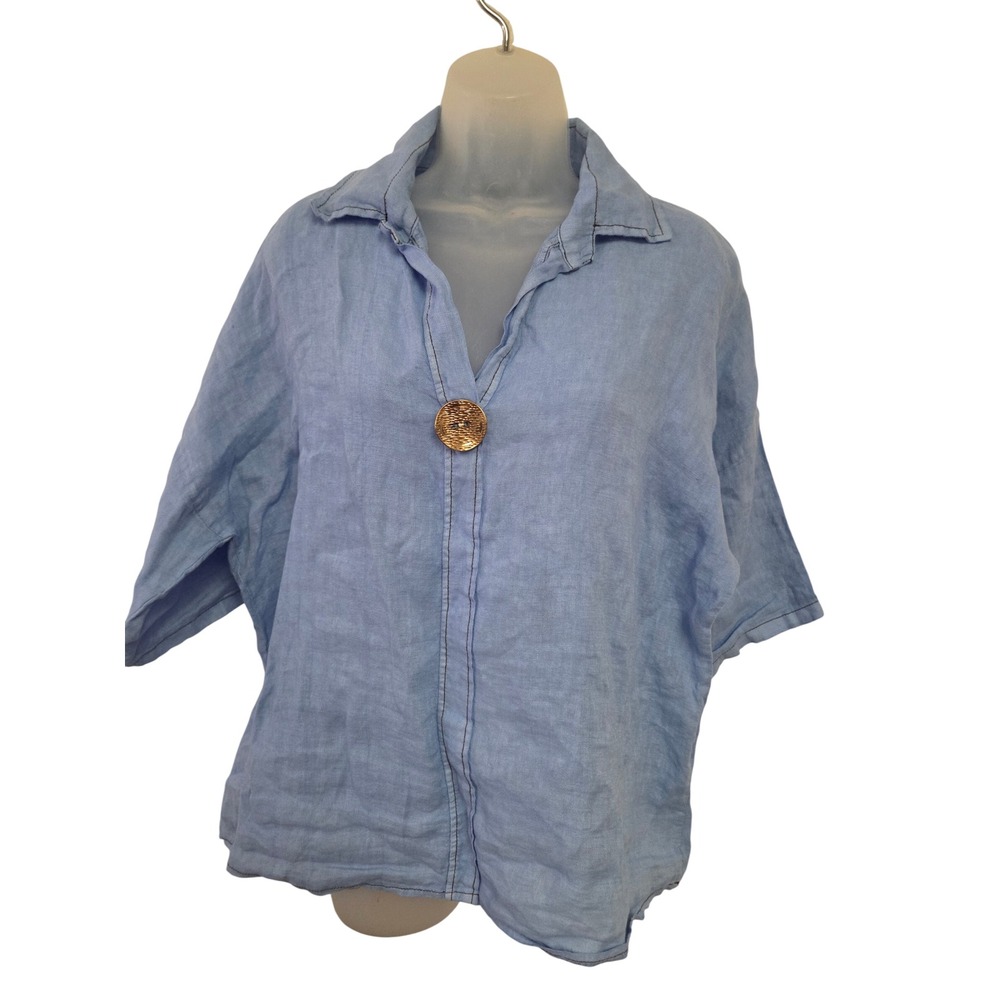 Celestina Italia Light Blue 100% Linen Blouse Gold Button Oversized Top Italy